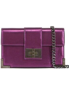 The Kooples Emily Leather Clutch Wallet Purple Metallic Chain Strap